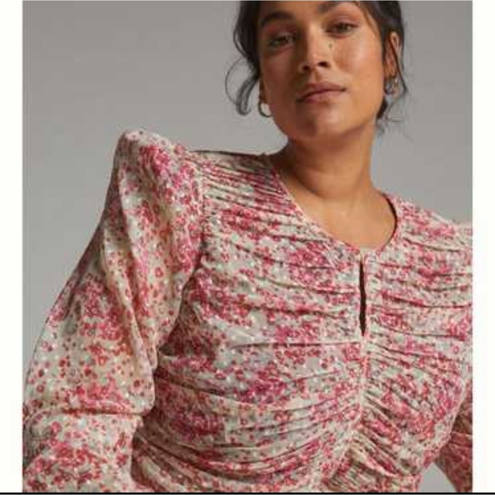 Anthropologie Let‎ Me Be Puff-Sleeve Blouse Sheer Long Sleeve Cottage Romantic L